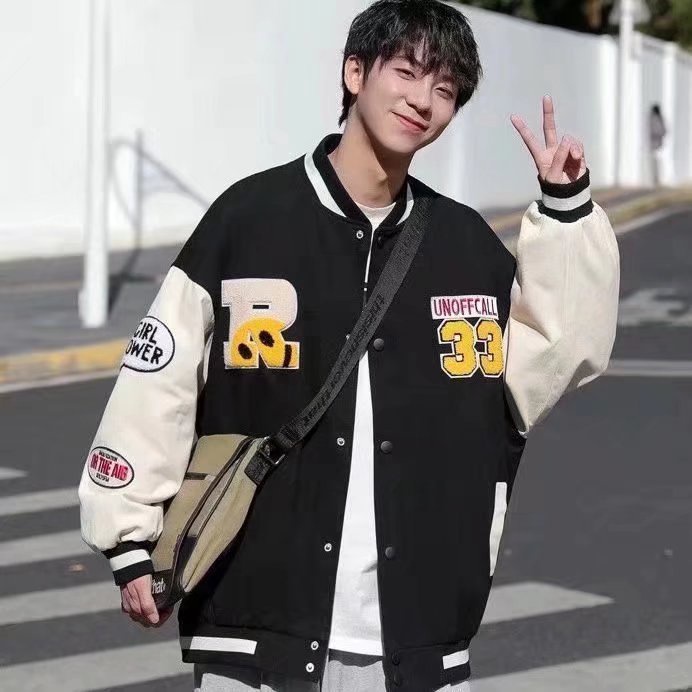 Áo khoác bomber dáng rộng thêu họa tiết phong cách hip hop Hàn Quốc thời trang thu đông cho nam size S-3XL