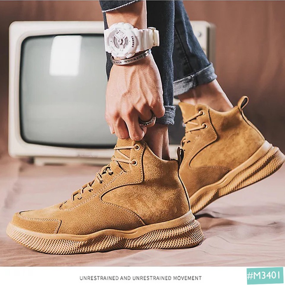 Giày Boots Cổ Cao Nam MINSU M3401, Bốt Cao Cổ Hàn Quốc Thiết Kế Da Lộn Ấn Tượng Phù Hợp Mang Giày Đi Chơi, Đi Phượt