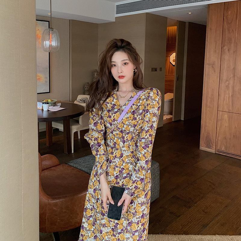 ❤New products❤2021 early spring new French retro v-neck floral dress with waist and thin long skirt women | BigBuy360 - bigbuy360.vn