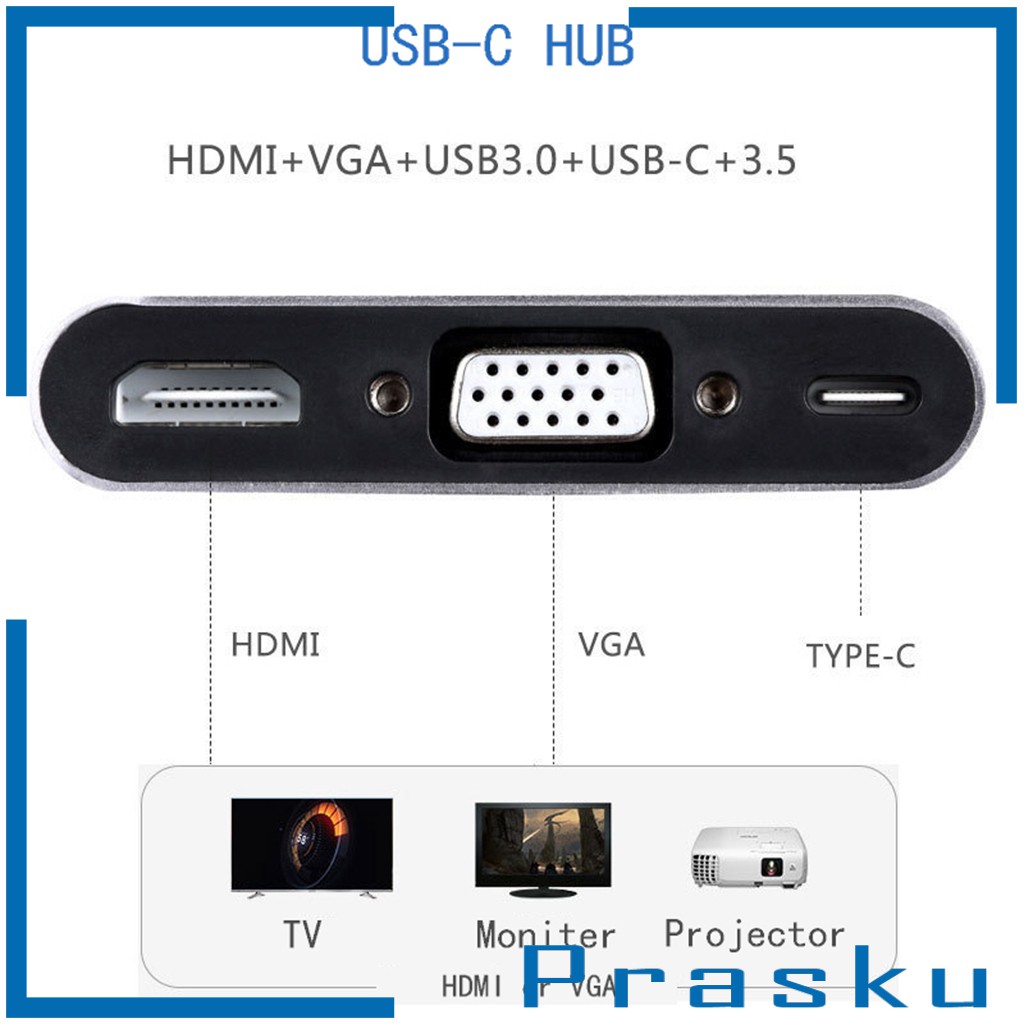 [PRASKU] 5in1 USB C Hub Type C To 4K HDMI USB 3.0 2.0 PD VGA Port Adapter Converter