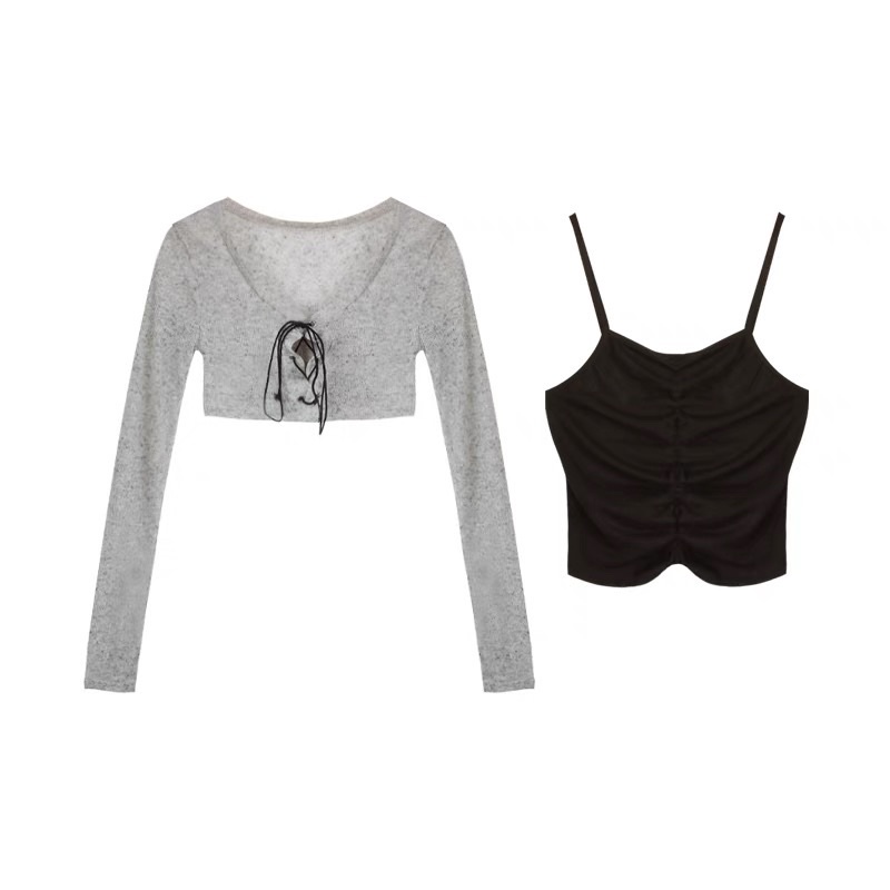 Set áo croptop đen đan dây xinh