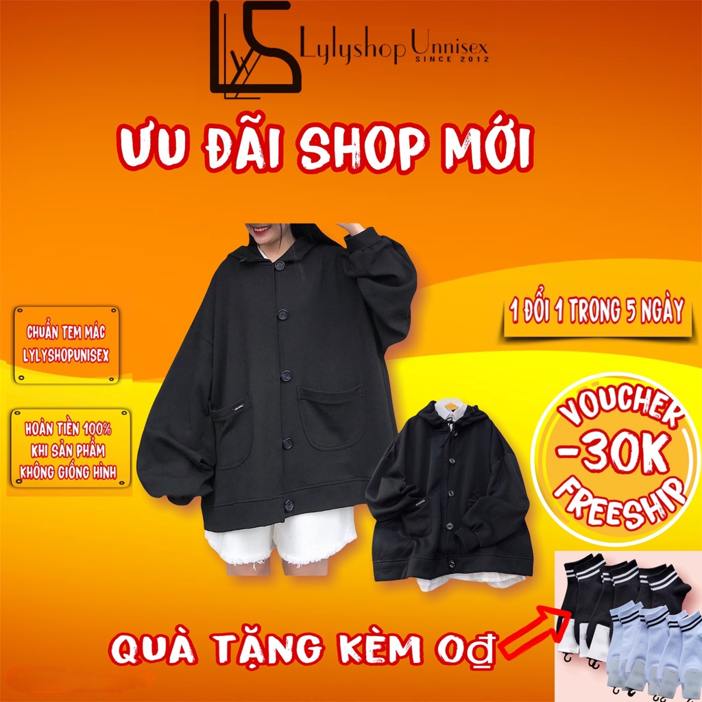 Áo khoác nỉ 355 Lylyshop Unisex kiểu áo hoodie có cúc mũ rộng chất vải nỉ lót bông dày form rộng oversize cho nữ