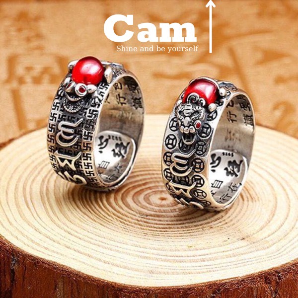 Nhẫn Nam Nữ Tròn Khảm Ngọc Đỏ Tì Hưu, Cóc Vàng Tài Lộc Chạm Khắc Màu Bạc Thời Trang Chất Titan Đẹp Đơn Giản Không Gỉ Cam