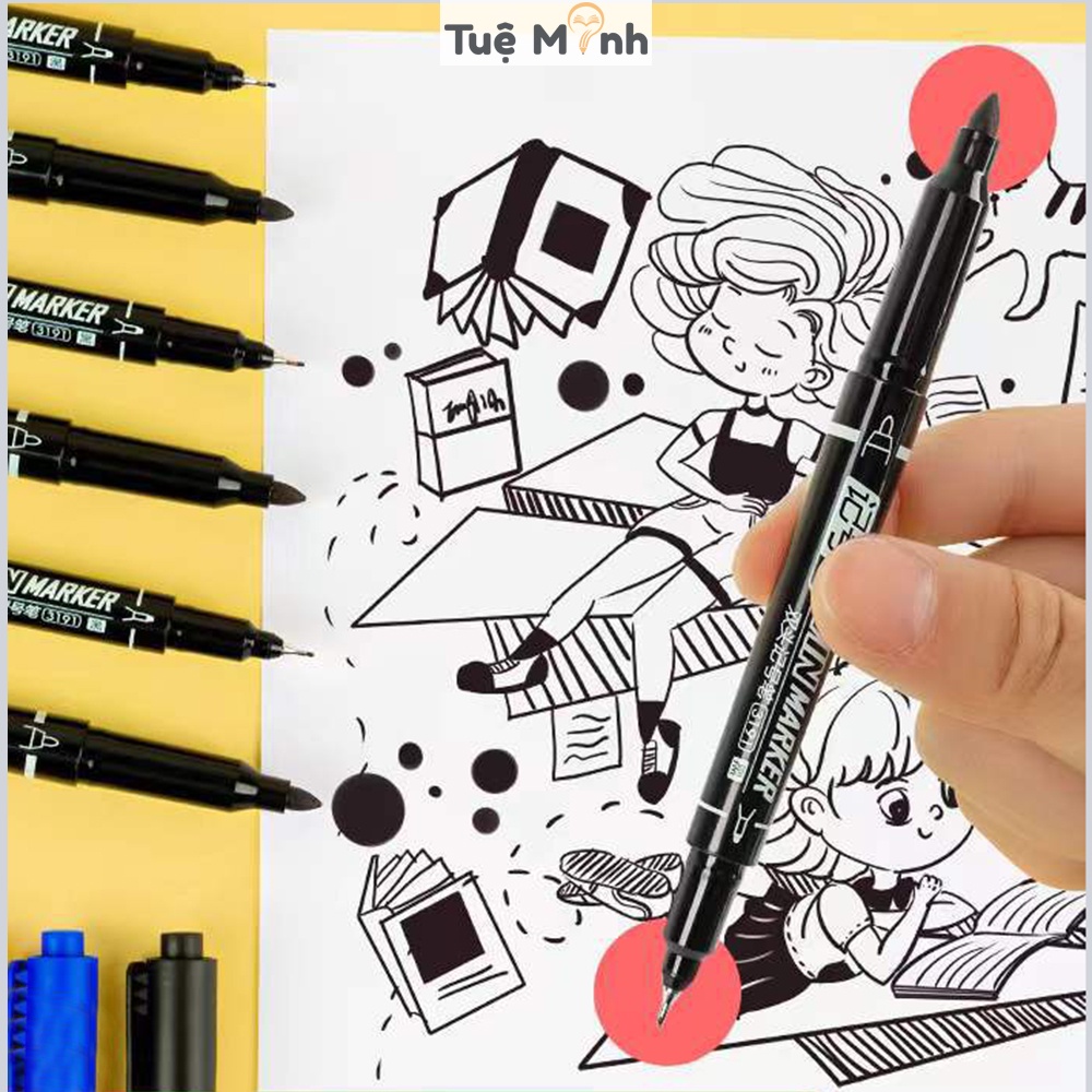 Bút viết 2 đầu marker đi nét line VPP Tuệ Minh, bút viết, vẽ sketch linh hoạt B44 Aihao 3191 mực trơn tru