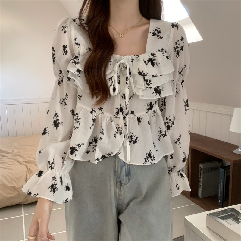 ZHELIHANGFEI Áo Kiểu Tay Phồng Cổ Vuông Phối Bèo Phong Cách Pháp