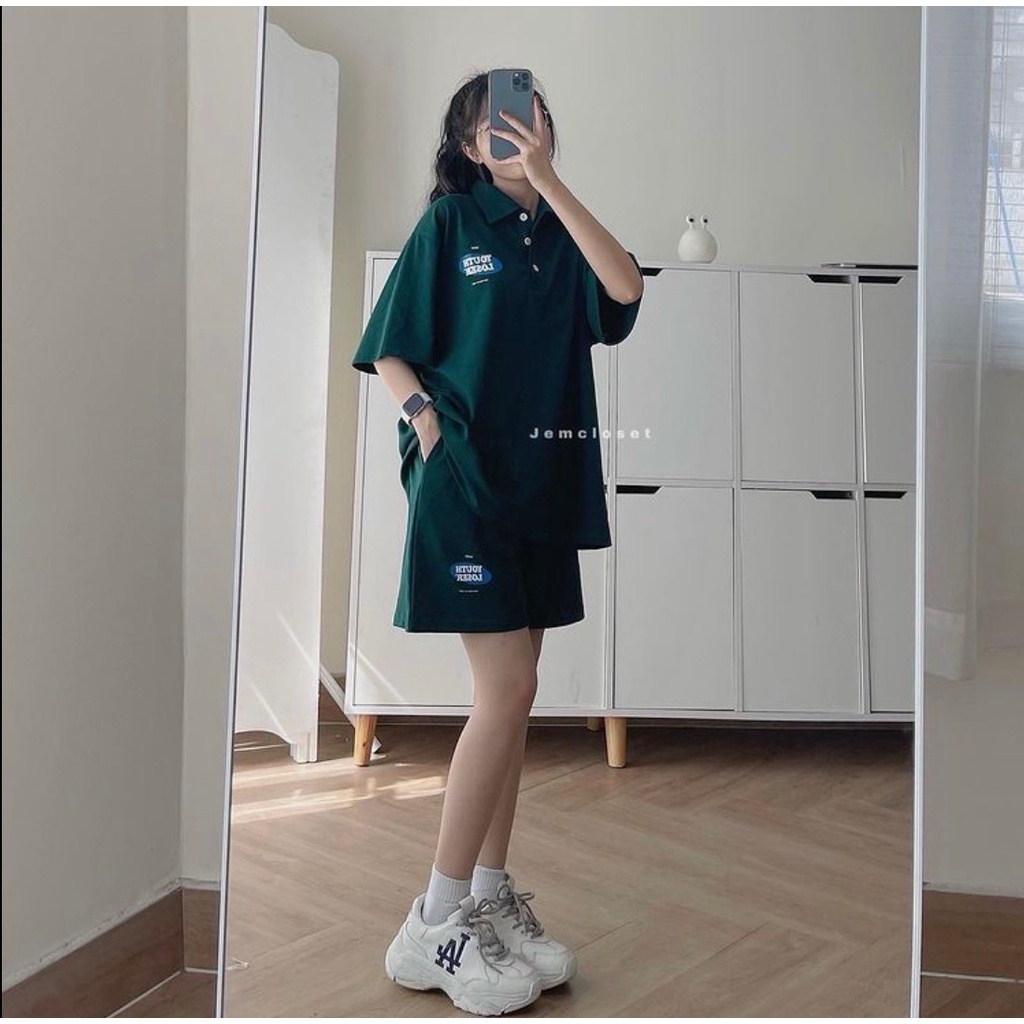 Set bộ áo polo tay lỡ logo kèm short đùi ống rộng unisex trẻ trung năng động