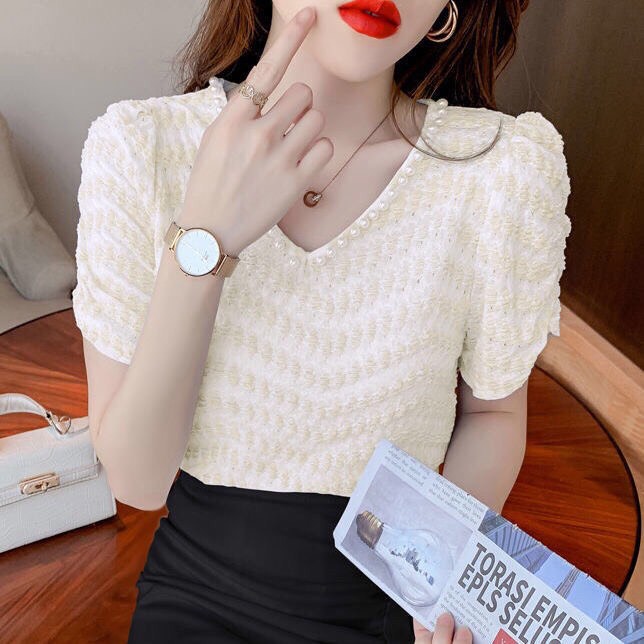 Áo sơ mi ngắn tay nữ cổ chữ V đính hạt ngọc cao cấp mùa hè 2021 | BigBuy360 - bigbuy360.vn