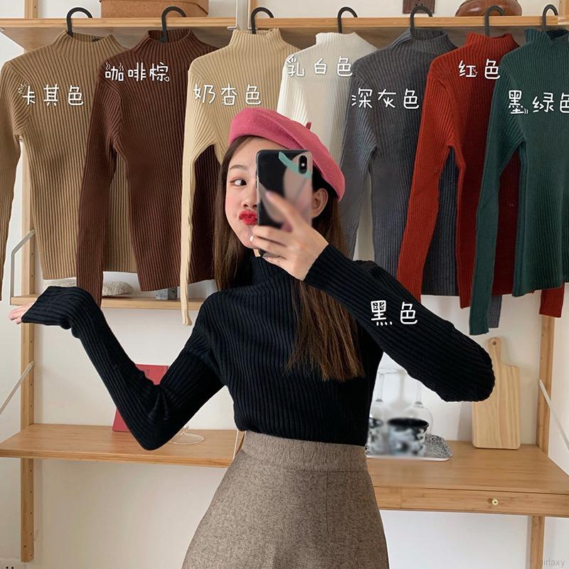 Áo thun tay dài cổ lọ màu sắc đơn giản cho nữ