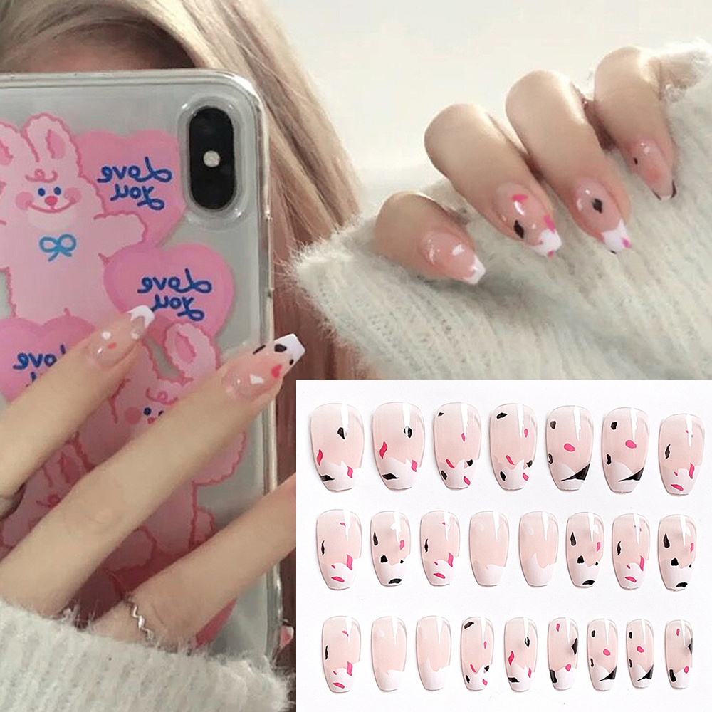 [Hàng mới về] Hộp 24 móng tay giả ballerina có thể đeo vào tháo ra thiết kế che toàn móng họa tiết bò sữa kèm keo ấn