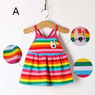 Đầm 2 dây dài ngang gối họa tiết sọc ngang màu cầu vồng xinh xắn cho bé gái