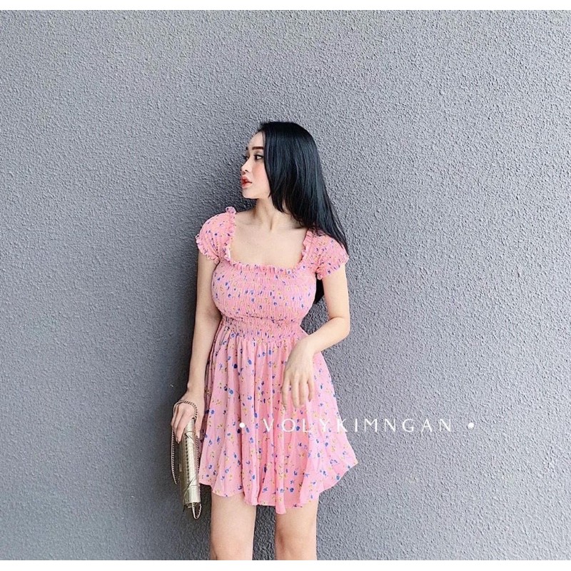 đầm trễ vai hoa nhí may nhún xoè bồng kx