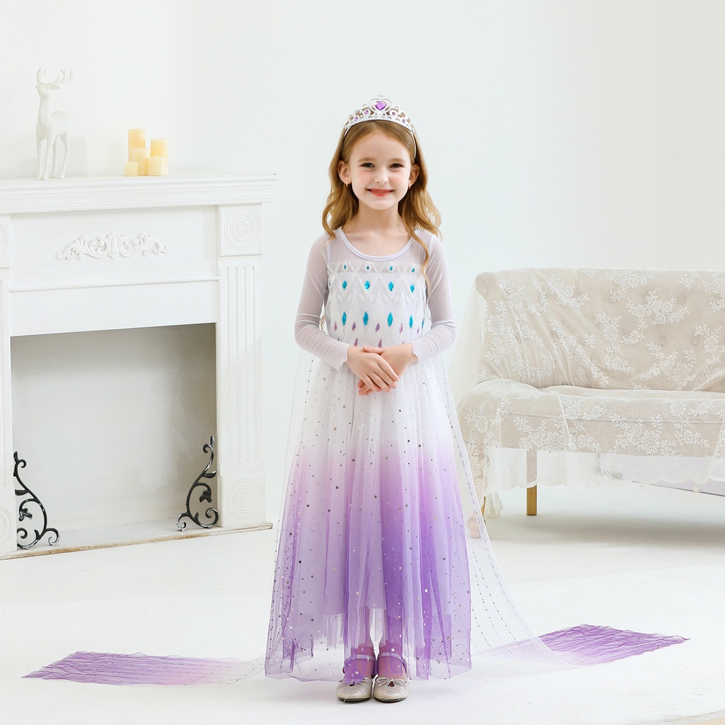 Váy elsa cho bé gái 3-10 tuổi Frozen 2 mẫu váy tay dài kèm tà dài cho bé