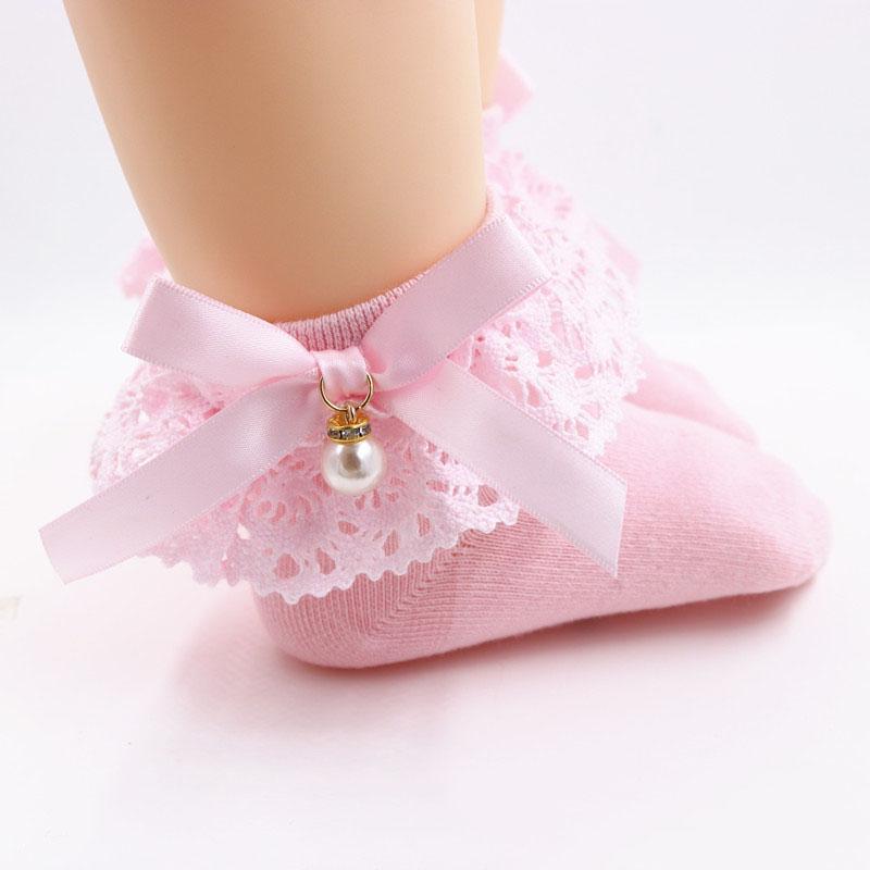 Đôi vớ cotton màu trơn trang trí nơ đính ngọc trai xinh xắn dành cho bé gái