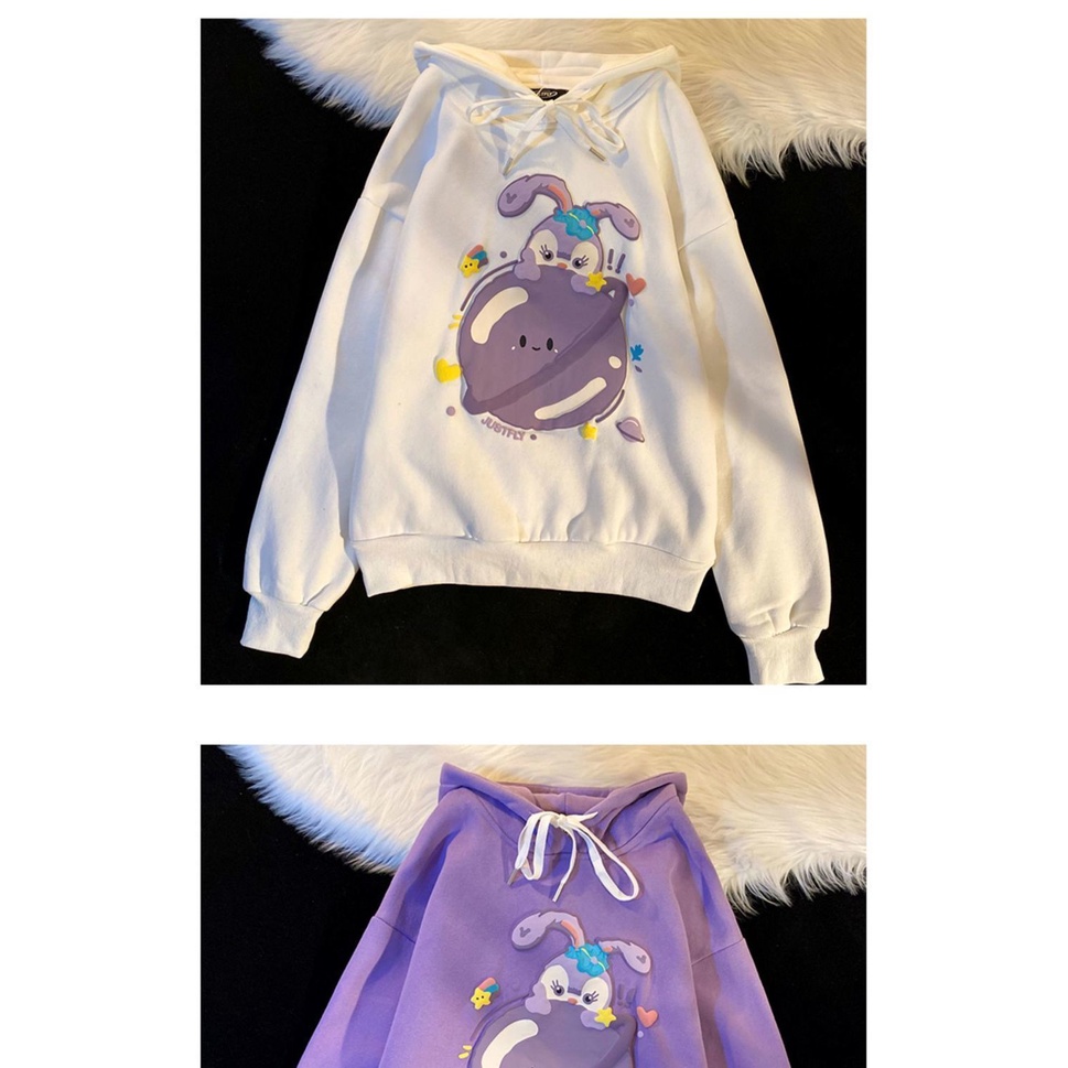 Áo khoác Hoodie vải cotton màu tím và trắng dễ thương thời trang thu đông