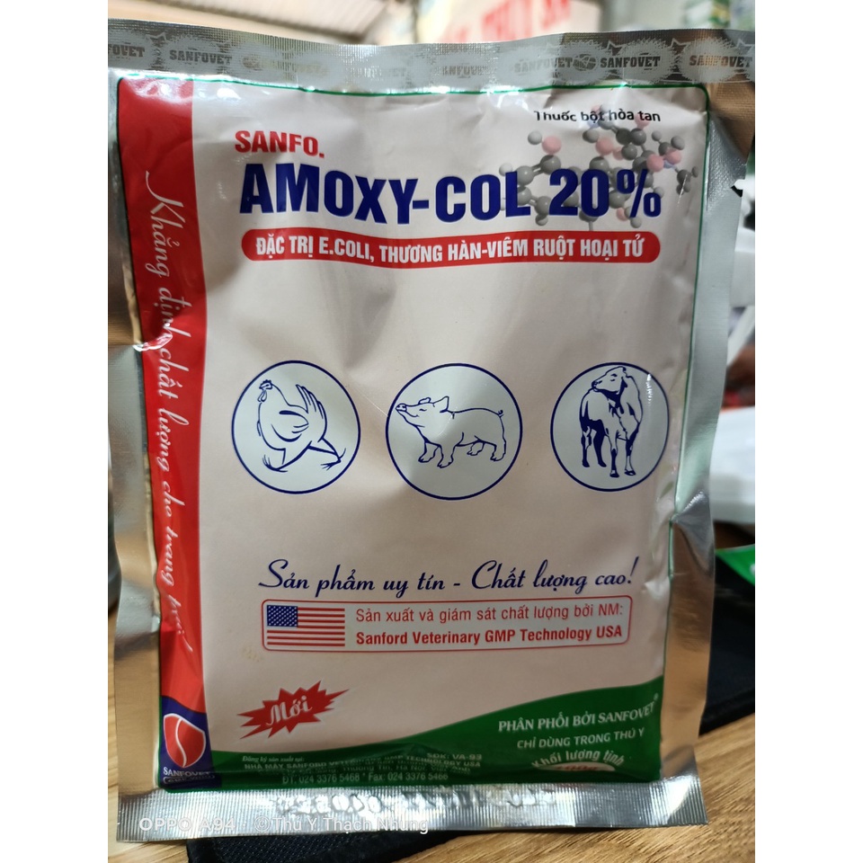 Sanfo. AMOXY - COL 20% Đăc. Tri. Ecoli, thương hàn...  Thành phần Amox 20% và Colis 60 triệu