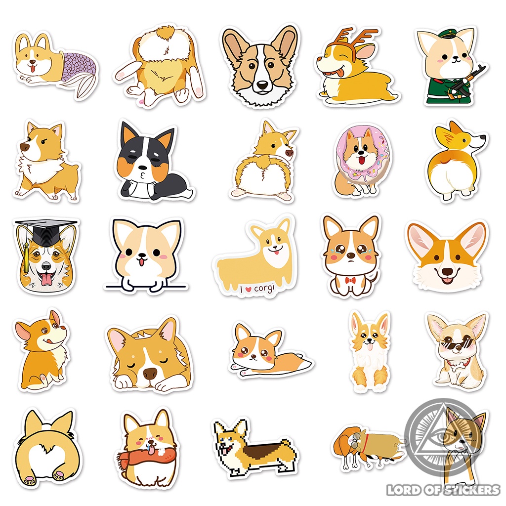 Set 50 Sticker Corgi Cute Dễ Thương Chống Thấm Nước Phong Cách Hoạt Hình Dán Trang Trí Mũ Bảo Hiểm, Laptop, Xe Đạp, Sổ