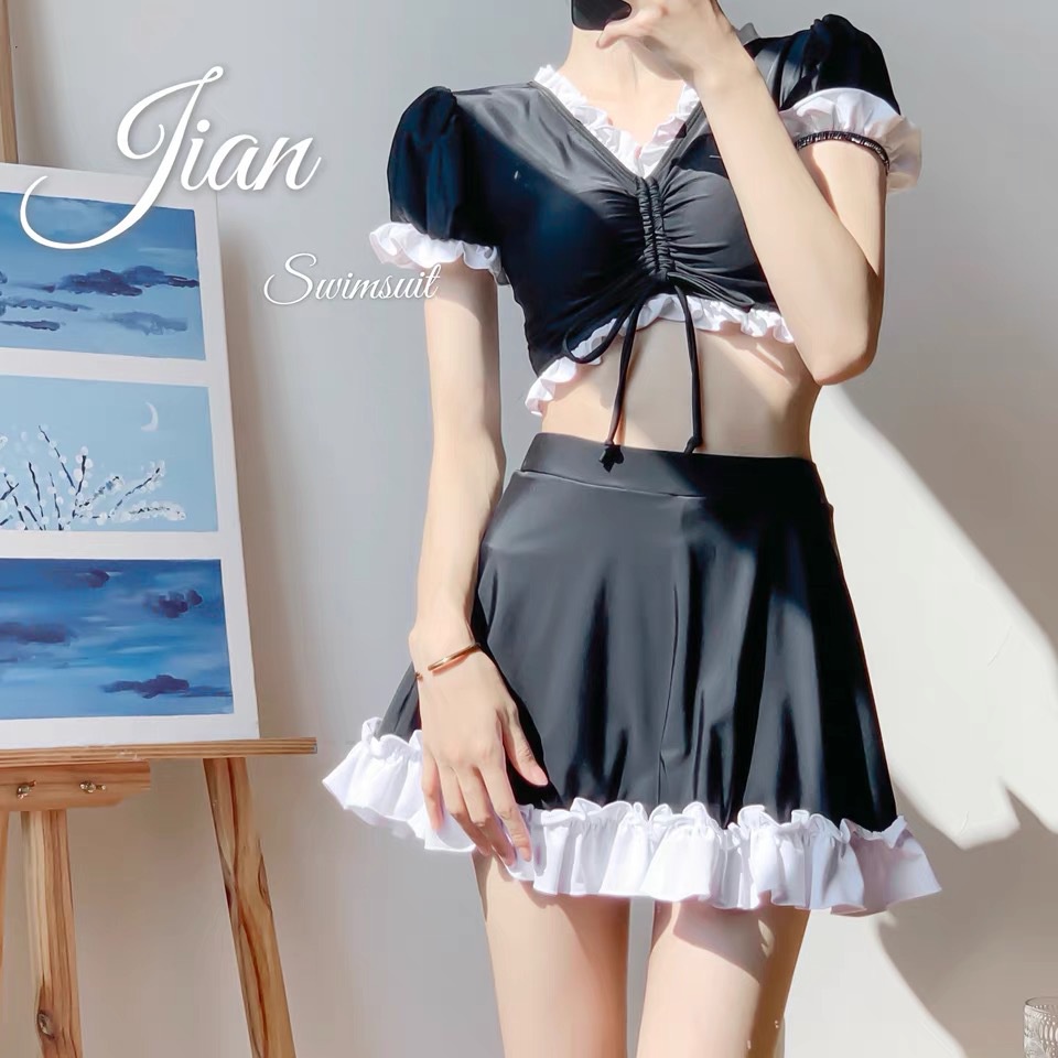 Bộ đồ bơi nữ bikini áo croptop váy phối màu nữ tính chất thun siêu đẹp