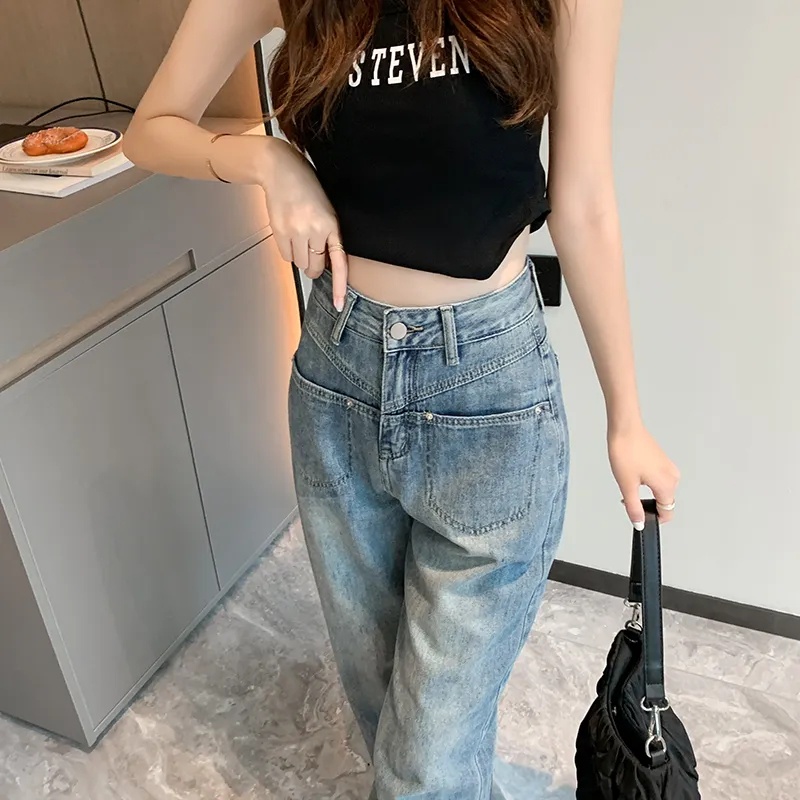Quần Jeans Ống Rộng Lưng Cao Phong Cách Retro Cho Nữ