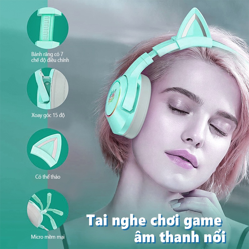 ONIKUMA K9 Tai nghe chơi game tai mèo màu xanh lá dễ thương có micro, cho máy tính, điện thoại PC PS5, PS4, Xbox.