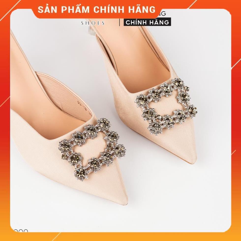 Sục cao gót nữ Hà Huyền Shoes mũi nhọn đính đá hạt tròn gót kim loại vàng 5 phân - SU063 -sale