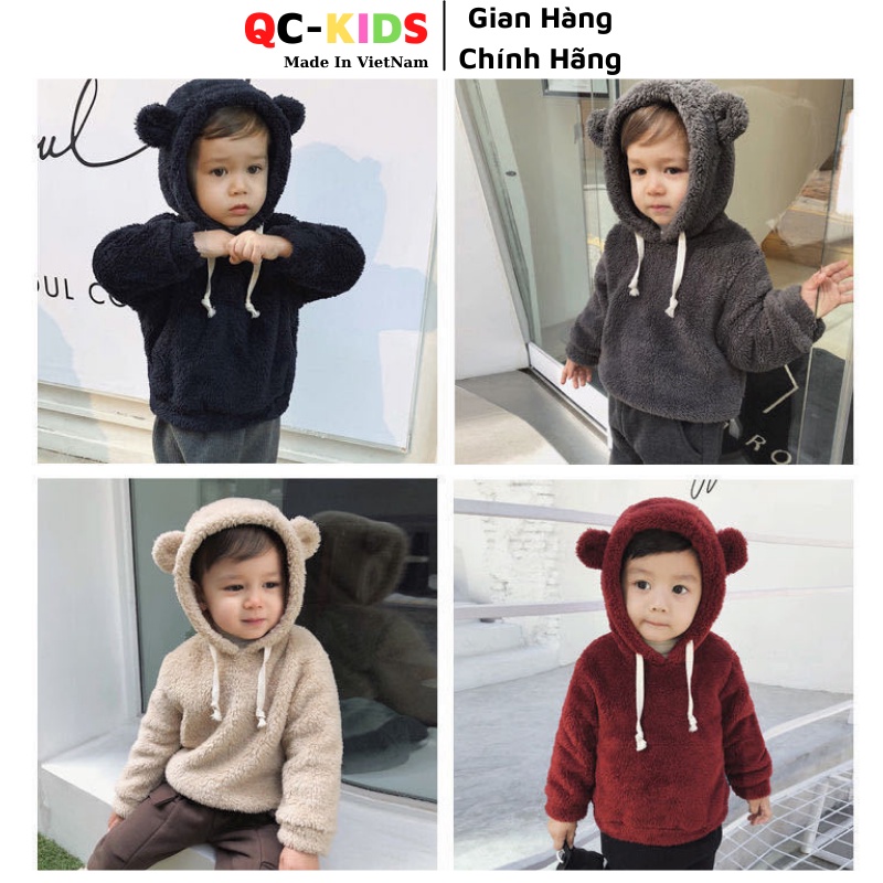 Áo thu đông cho bé trai, bé gái 8 đến 18 kg, Áo nỉ hoodie lông tai Gấu cho bé QC-KIDS