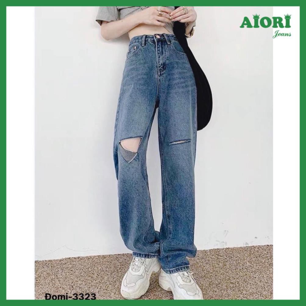 Quần Jeans Nữ - Quần Suông Ống Rộng Rách Gối Jeans Ống Suông Cotton Thoáng Mát, Mềm Mịn, Mã 3323