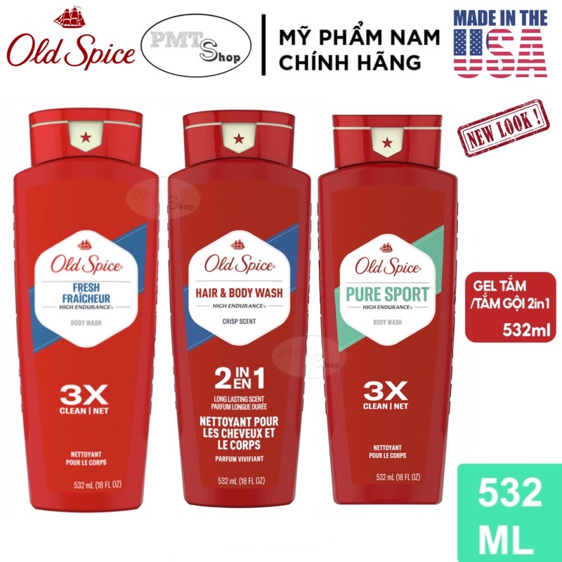 Sữa tắm nam Gel Old Spice 473ml Timber | Bearglove | Fiji | Wolfthorn | Pure Sport | Tắm gội 2in1 532ml