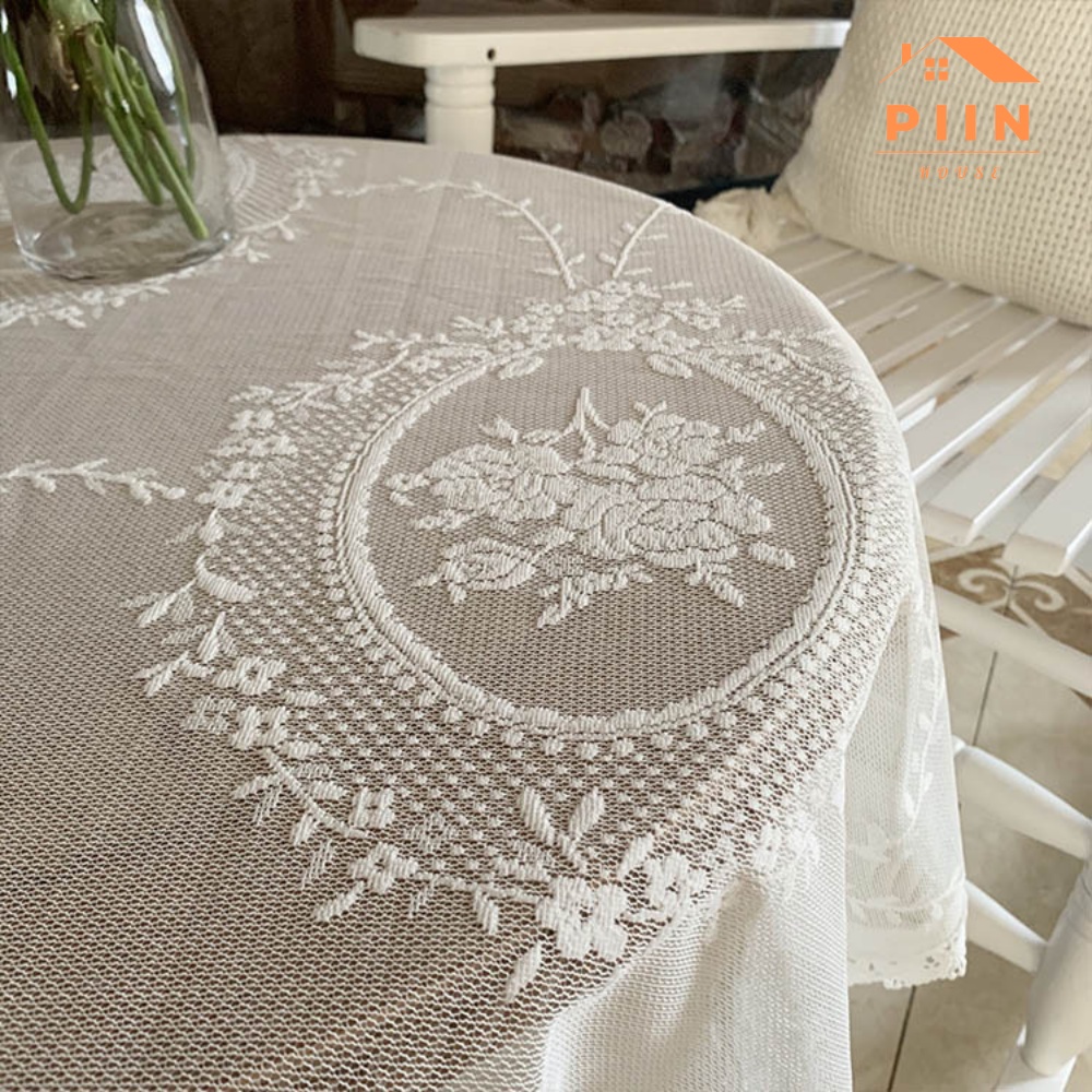 Khăn trải bàn hoạ tiết phối ren phong cách Rococo màu trắng sang trọng - PIIN HOUSE