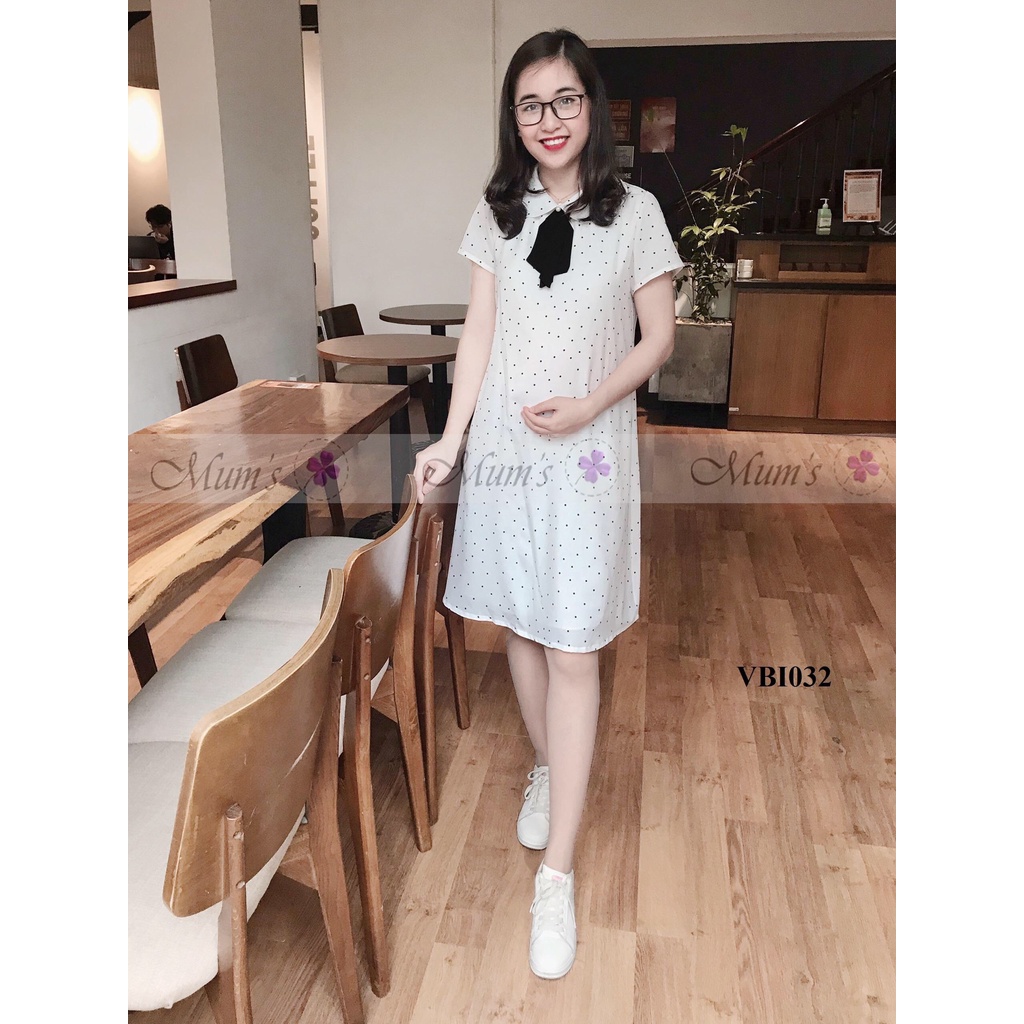 ĐẦM BẦU CÔNG SỞ MUM'S SHOP bi nhí cổ sen nơ đen cộc tay mùa hè