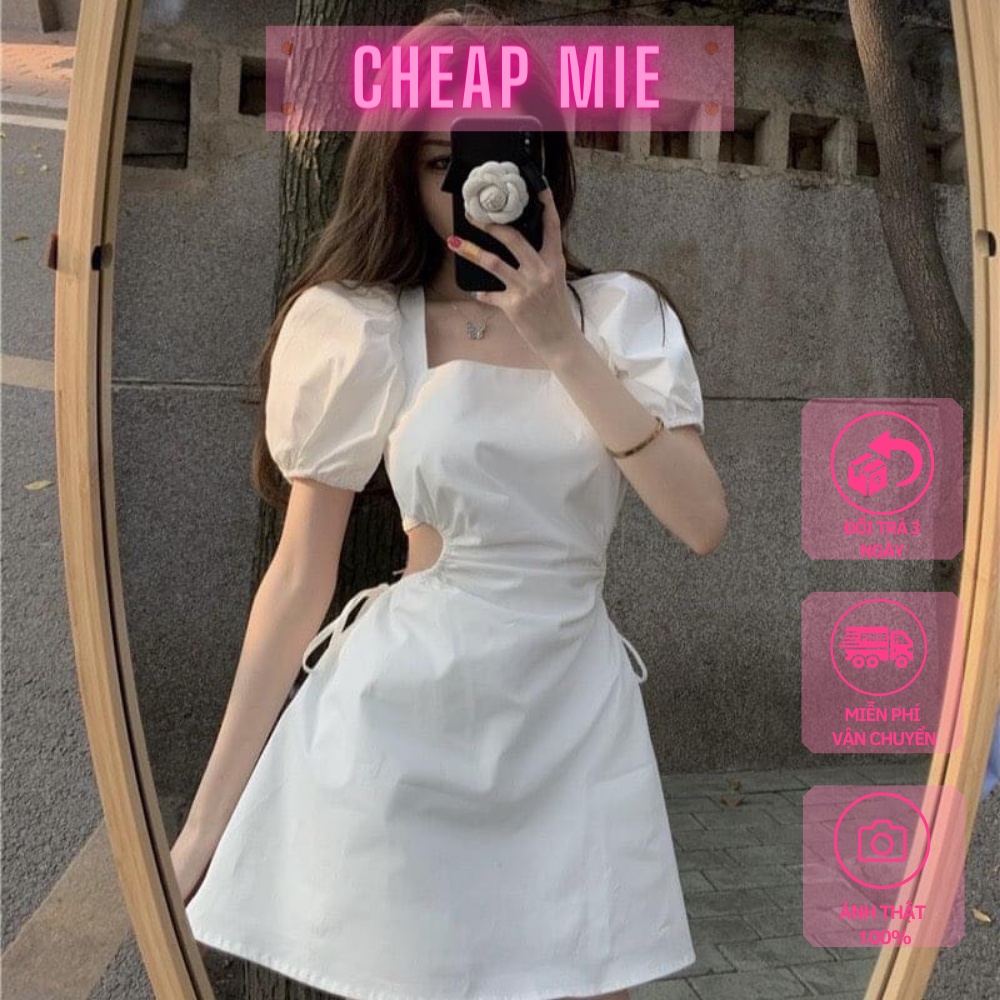 Váy Hở Lưng 💖Cheap Mie💖 Váy Đầm Nữ Tay Bồng Buộc Dây Lưng Khoét Eo Sexy Tôn Dáng Freesize Chất Thô Mát