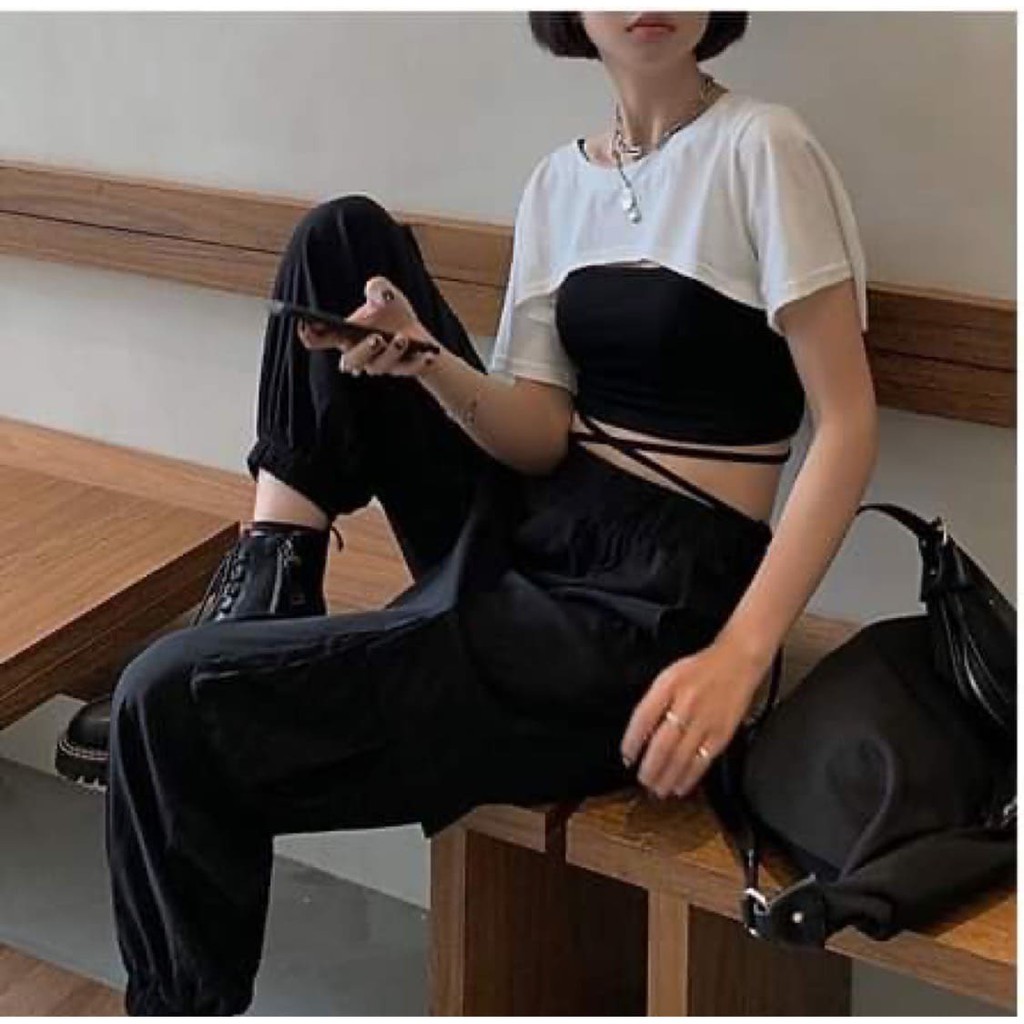 Áo croptop nữ dây eo, set áo thun croptop 2 món chất thun mát - VIETCEN