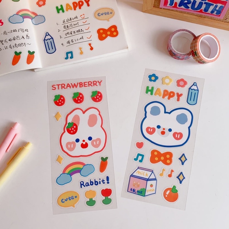 Sticker Trong Suốt Gấu Thỏ Siêu Dễ Thương Trang Trí Đồ Dùng