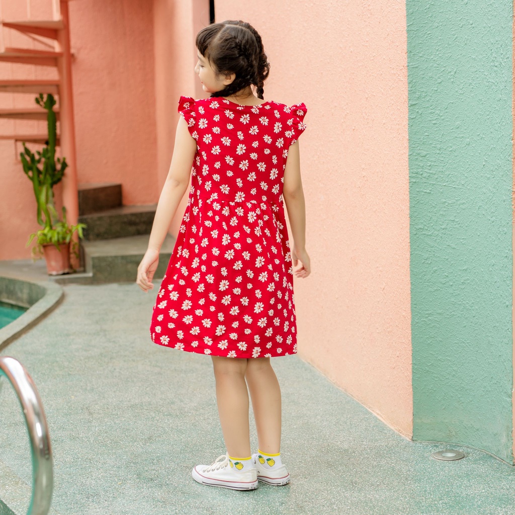 Váy bé gái tay cánh tiên màu đỏ in HOA CÚC, 100% COTTON 4C, 18-40KG, A1