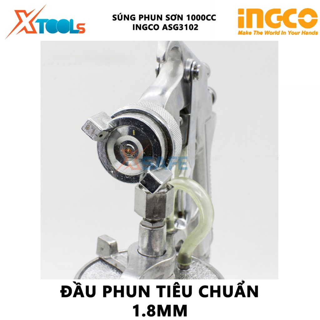 Súng phun sơn INGCO ASG3102 | máy phun sơn Vòi phun tiêu chuẩn 1.8mm, Dung tích 1.0L, Áp lực vận hành 3 - 4 bar phun sơn