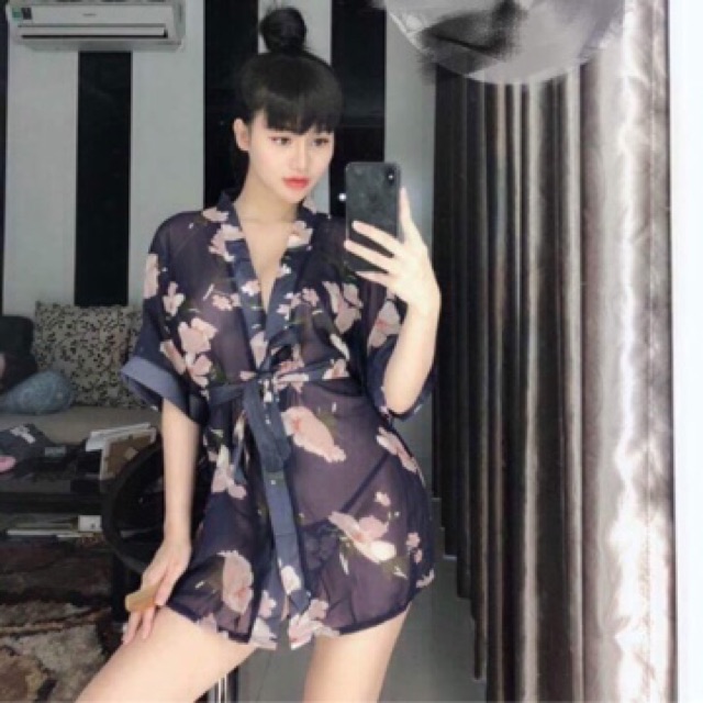 [Freesize < 60kg] Áo choàng ngủ kimono chiffon voan hoa - VN100012 | BigBuy360 - bigbuy360.vn