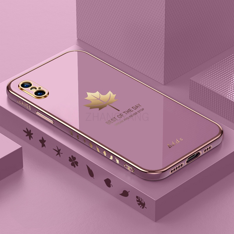 Ốp Điện Thoại Silicon TPU Mạ Điện Họa Tiết Lá Phong Kèm Dây Đeo Cho iPhone x xs xr xs max