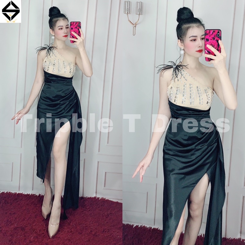 Đầm body lệch vai phối lông công tua rua kết cườm tráng gương TRIPBLE T DRESS - size M/L - MS358V