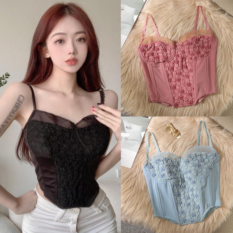 Áo Hai Dây Croptop Phối Ren Màu Sắc Ngọt Ngào Có Đệm Ngực Phong Cách Hàn Quốc Thời Trang Mùa Hè Cho Nữ