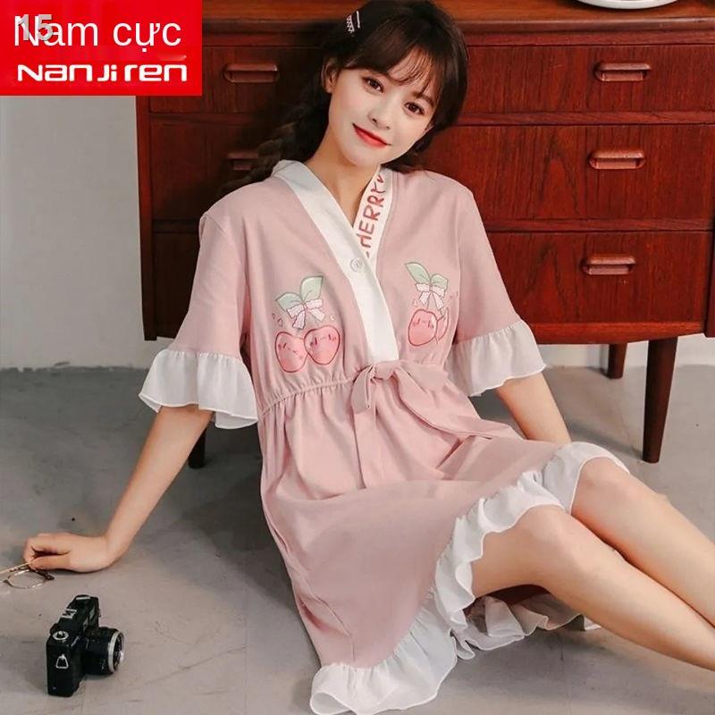 Antarctic-pink pigeon nữ mùa hè ngắn tay cotton Học sinh Hàn Quốc tươi mát dễ thương Bộ đồ ngủ kimono Nhật Bản mỏngW