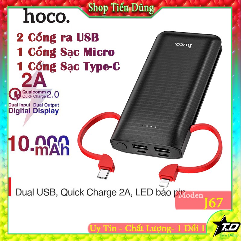 Pin sạc dự phòng Hoco J67 dung lượng 10.000mAh có 2 dây sạc kèm theo chân cắm lightnigh và type-C 2 cổng usb