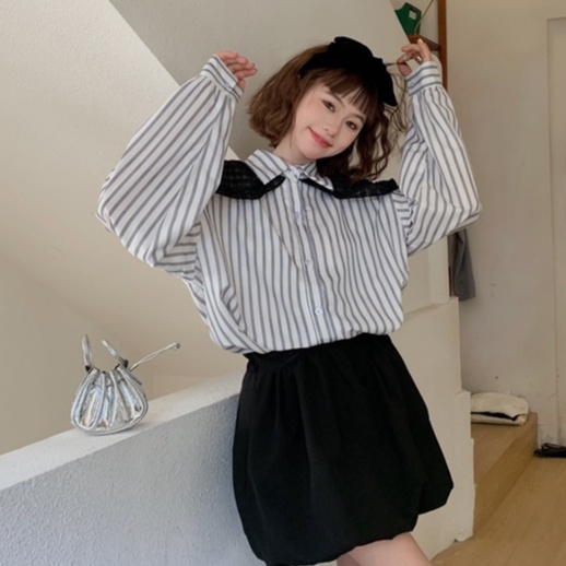 ZHELIHANGFEI Áo Sơ Mi Tay Dài Kẻ Sọc Cổ Búp Bê Kèm Khăn Choàng Cổ Dễ Phối Đồ