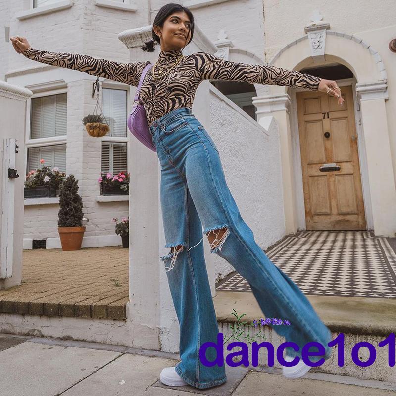 Quần Jeans Nữ Dài Lưng Cao Mài Rách Thời Trang