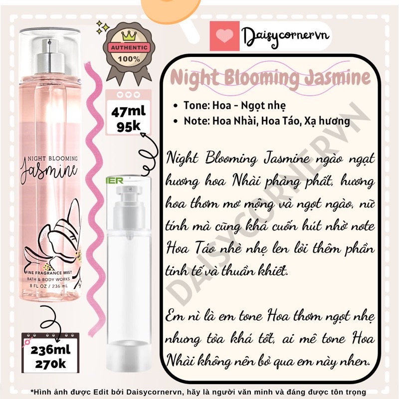 Xịt thơm Body Mist/ Shower Gel tắm Bath & Body Works Night Blooming Jasmine
