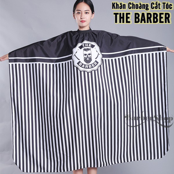 Áo Choàng Cắt Tóc Barber Khổ 160x140cm, Khăn Choàng Cắt Tóc Barber Hình Đầu Người Sọc Đen.