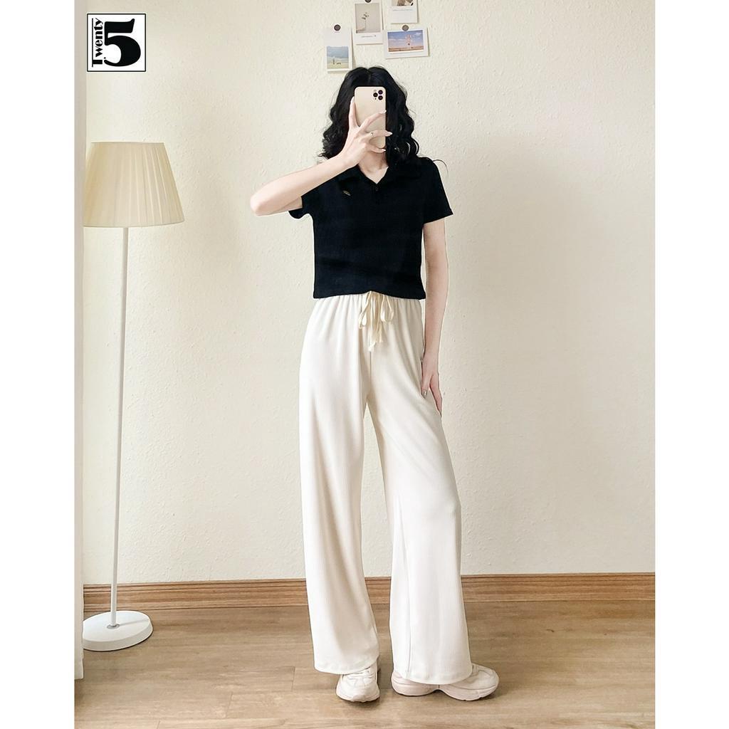 Quần thun nữ Twentyfive dáng suông dài gân tăm lưng cao cạp chun rút dây 4619
