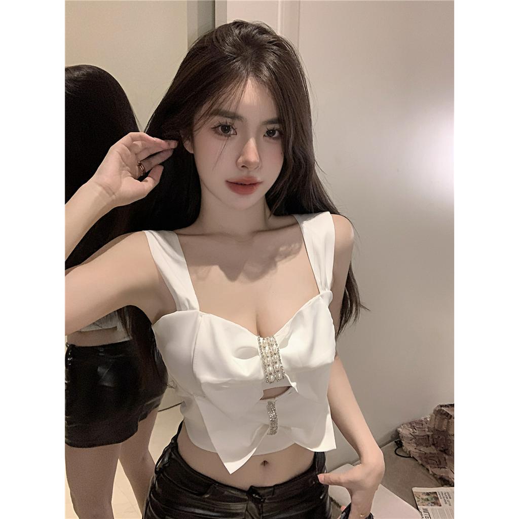 Áo Croptop Hai Dây Thắt Nơ Màu Trơn Thời Trang Mùa Hè Quyến Rũ Cho Nữ
