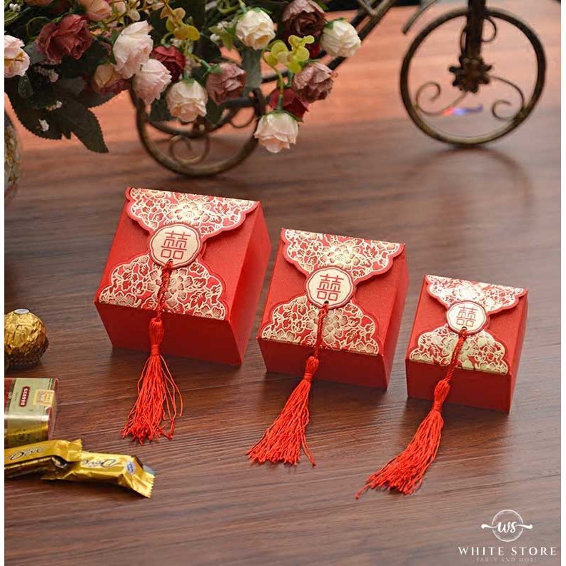 Hộp Vuông Đỏ Chữ Hỷ ép kim vàng đựng quà cưới sang chảnh - WhiteStore.vn | BigBuy360 - bigbuy360.vn