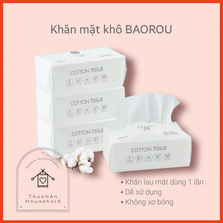 Khăn mặt dùng 1 lần BAOROU gói rút 100 tờ tiện lợi - Khăn lau mặt khô đa năng, tẩy trang siêu mềm, lau khô, lau ướt