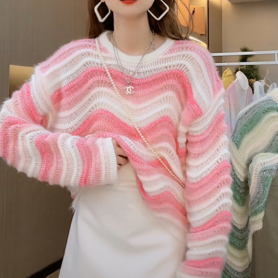 Áo Sweater Dệt Kim Dáng Rộng Viền Gợn Sóng Màu Cầu Vồng Mềm Mại