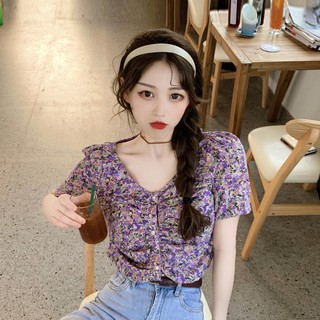 (ORDER) Áo sơ mi nữ voan hoa retro cổ V cài khuy điệu đà